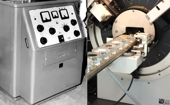 Two diffractometers: one from the 1970s and another from the present day.
