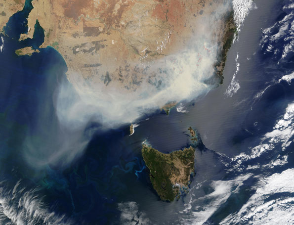 Satellite image showing smoke from bushfires over south-eastern Australia.