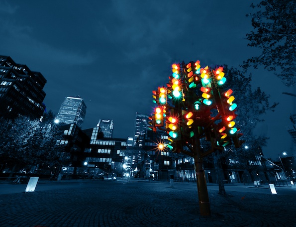 Pierre Vivant's sculpture, Traffic Light Tree in the Docklands, London