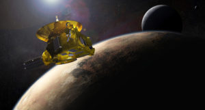A gold spaceship above Pluto.