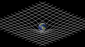 The Earth, sitting on a distorted grid that represents the gravitational field.