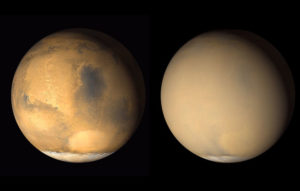 Two images of Mars, side by side, one of them pale and cloudy.