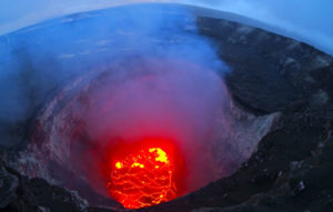 Image of hot lava in the crater of a volcano.