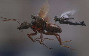 Image of Ant-Man riding the flying ant and The Wasp flying beside.
