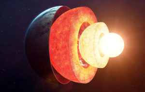 Image of half a planet with three central glowing layers. The Earth's core being the brightest.