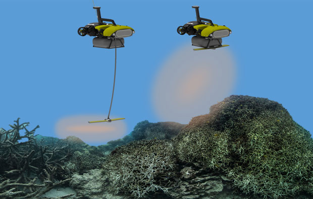 Image of two small robots releasing a cloud of coral polyps over a dead area of reef.