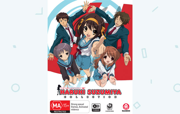 DVD cover image animated picture of 5 children, 2 girls and 3 boys with the title, The melancholy of Haruhu Suzumiya Collection.