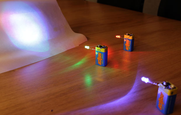 9 volt batteries with LED's attached casting coloured lights.