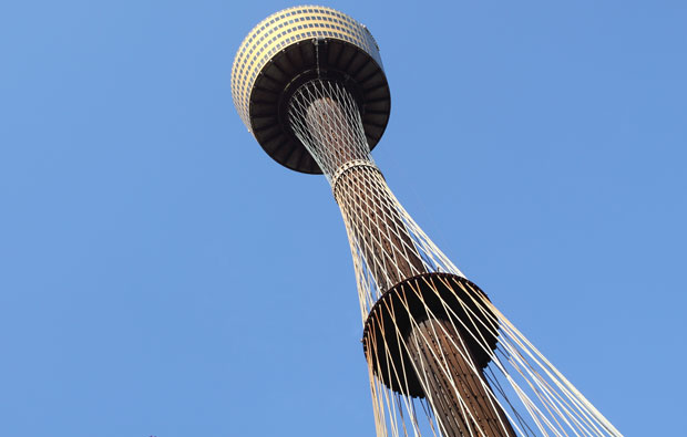 Centrepoint tower from below. the cables make a curved shape